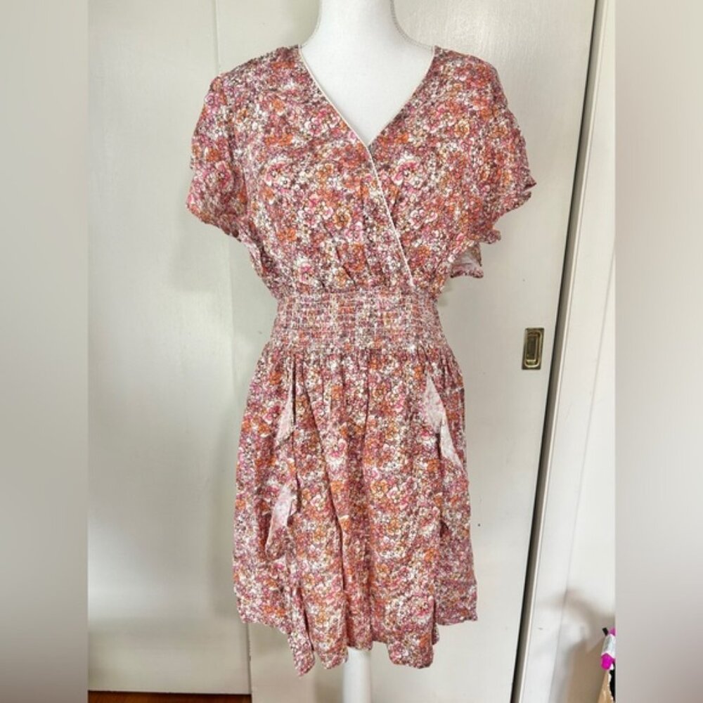 Japna Floral Fit & Flare Pink Floral V Neck Flutter Dress